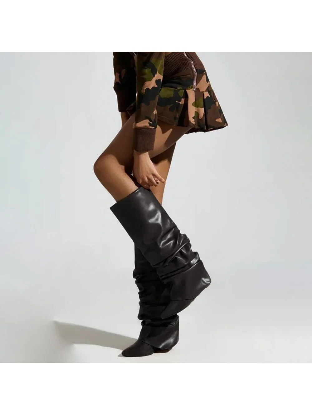 Women's Black Heel Wide Calf Pointed Toe Slouched Fold Over Knee High Boots